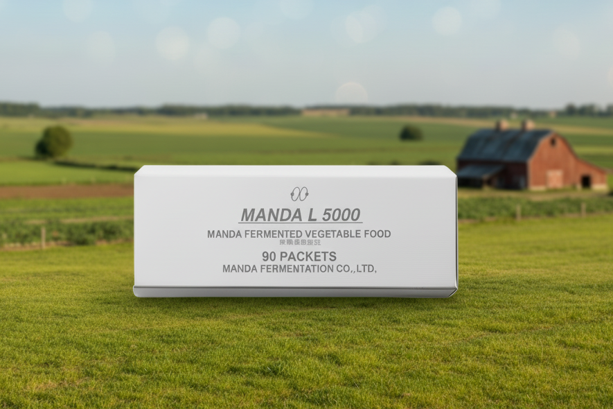 A white box of Manda L 5000 fermented vegetable food (90 packets) displayed on a grassy field with a barn and open countryside in the background.