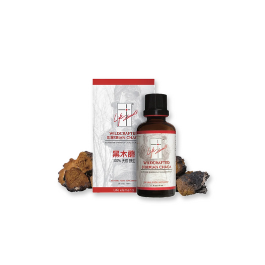 A bottle of Chaga Extract with its packaging box. The product is marketed as a health supplement with immune-boosting nutrients.